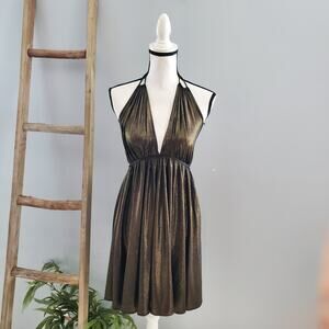 Gracia Fashion Gold Metallic Halter Swing Mini Dress Size M